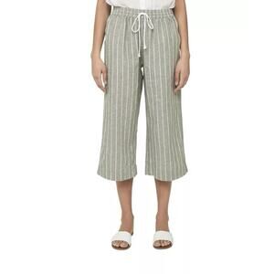 BeachLunchLounge Olive Green & White Striped Linen-Blend Wide-Leg Cropped Pants